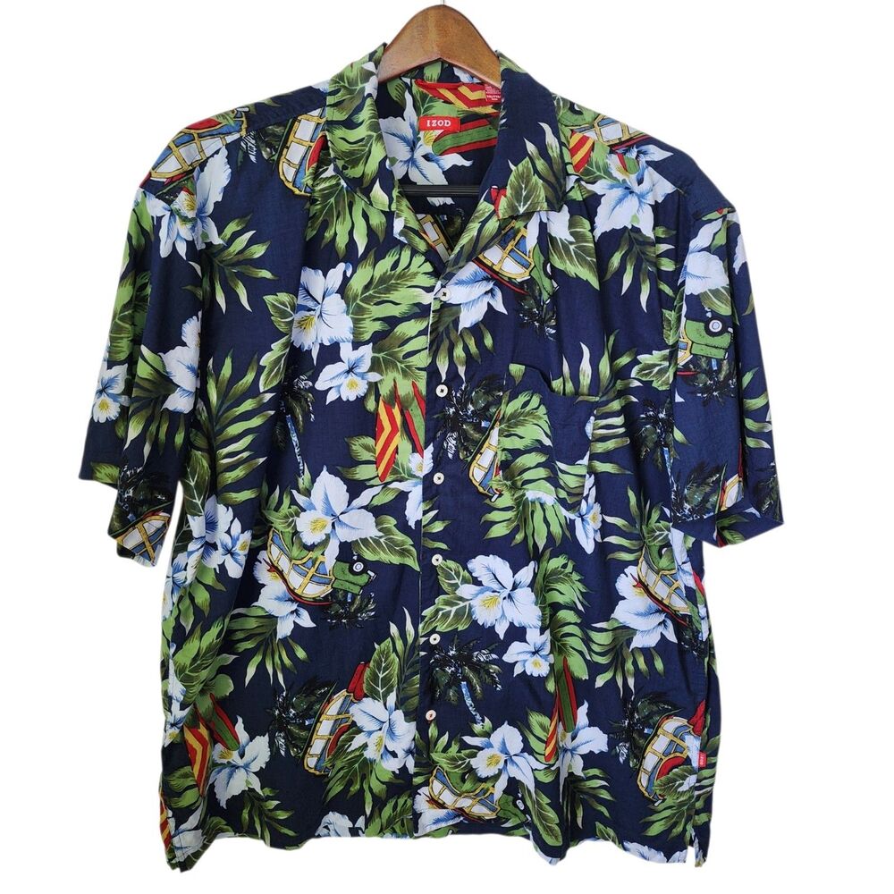 IZOD Men's XXL Short Sleeve Tropical Shirt Blue Surf Bus VW Van Palm Tree Print